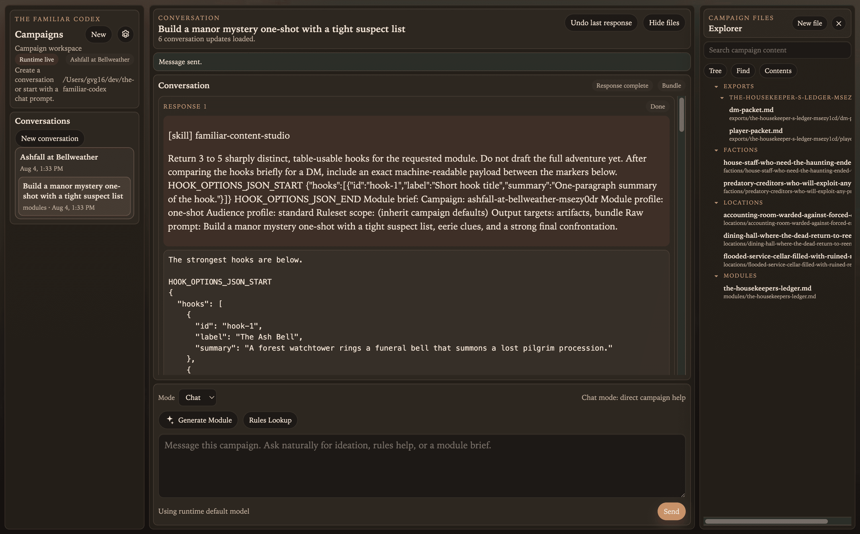 Familiar desktop showing generated campaign files and rules references